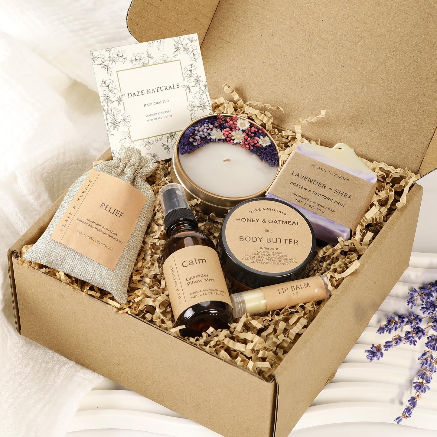 Bath Gift Set, Spa Gifts for Women, Self Care Products for Women, Lavender & Cream Soap Bar, Calm Pillow Mist, Bath Bomb & Shower Steamer, Body Butter and Lip Balm