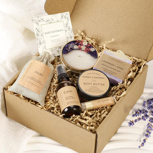 Bath Gift Set, Spa Gifts for Women, Self Care Products for Women, Lavender & Cream Soap Bar, Calm Pillow Mist, Bath Bomb & Shower Steamer, Body Butter and Lip Balm