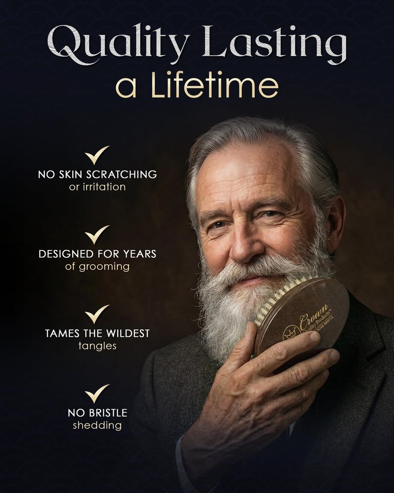 Ultimate Beard Hairbrush - Designed for Beards - Soft Natural Boar Bristle, All Purpose Detailing Brush, Solid Maple, High Gloss Rosewood Finish, Gold Engraved, Compact size by Crown Quality Products