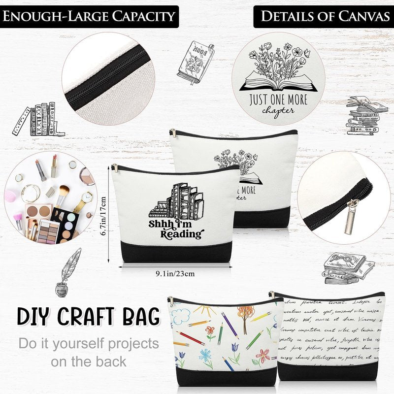 Locmeo 12 Pcs Book Lovers Gifts Book Club Tote Bag Reading Quote Makeup Reusable Cosmetic Bag with Metal Zipper Bookish Librarian Appreciation Gifts for Women Bookworm Teacher Student