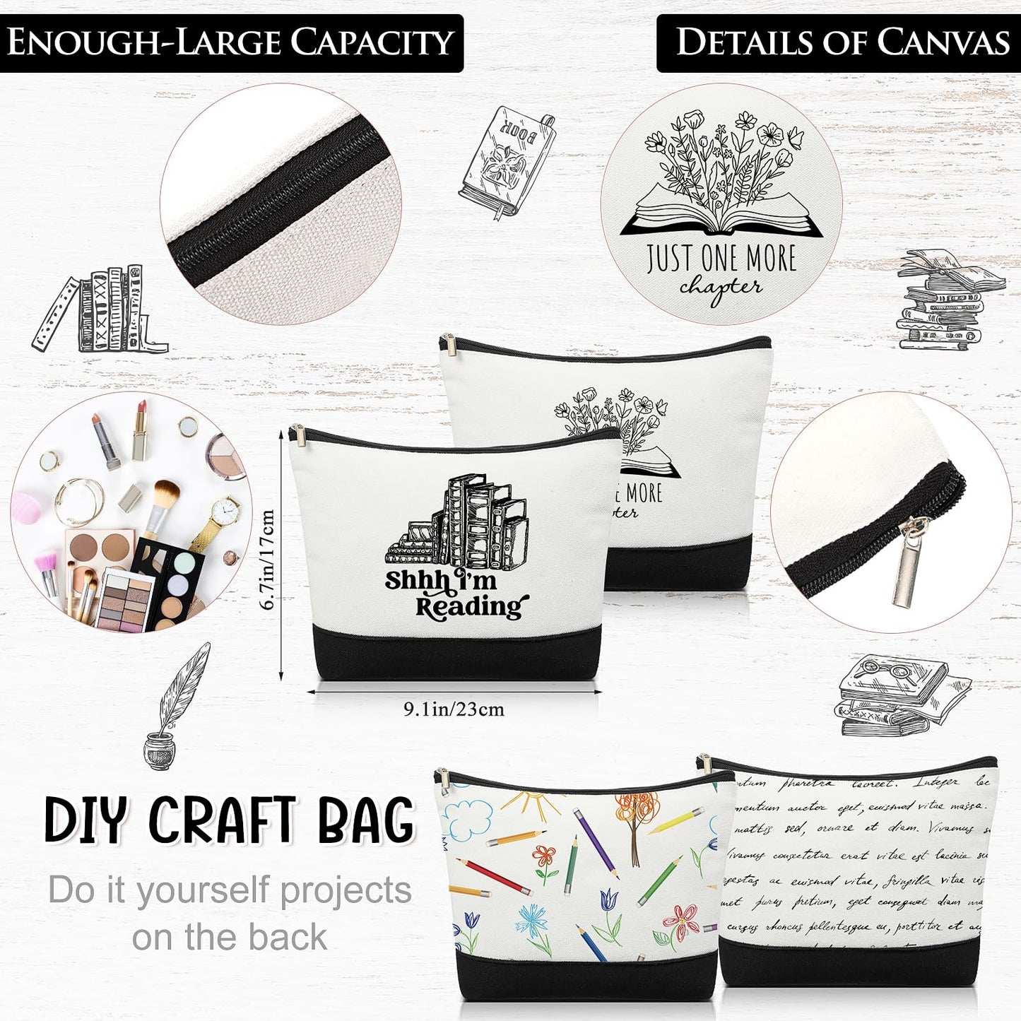 Locmeo 12 Pcs Book Lovers Gifts Book Club Tote Bag Reading Quote Makeup Reusable Cosmetic Bag with Metal Zipper Bookish Librarian Appreciation Gifts for Women Bookworm Teacher Student