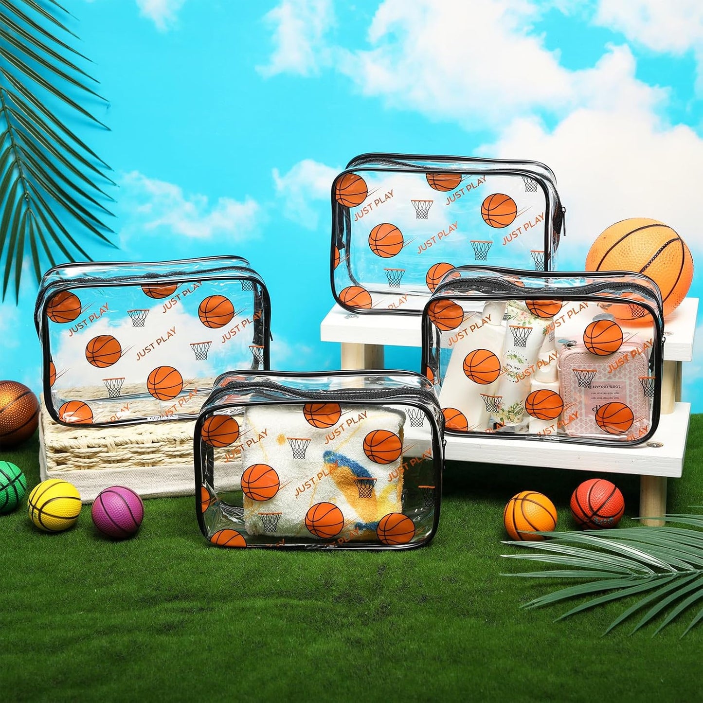 Basketball Clear Makeup Bags - 24-Pack Waterproof PVC Cosmetic Pouches | Party Favors & Team Gifts