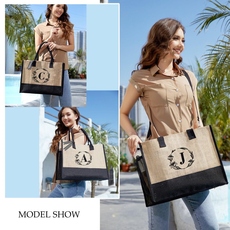 BeeGreen Personalized Tote Bag with Embroidery & Adjustable Shoulder Strap Beach Bag for Women Initial Jute Tote Bag for Friends Mother Bride Christmas Gifts Appreciation Gifts C