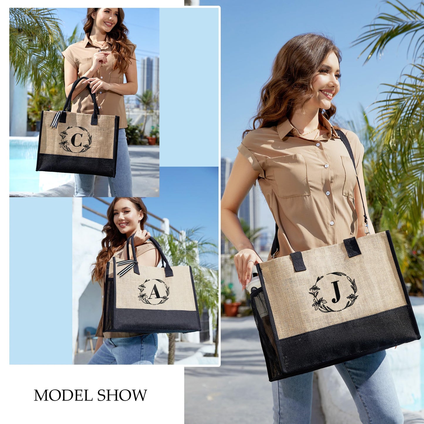 BeeGreen Personalized Tote Bag with Embroidery & Adjustable Shoulder Strap Beach Bag for Women Initial Jute Tote Bag for Friends Mother Bride Christmas Gifts Appreciation Gifts C