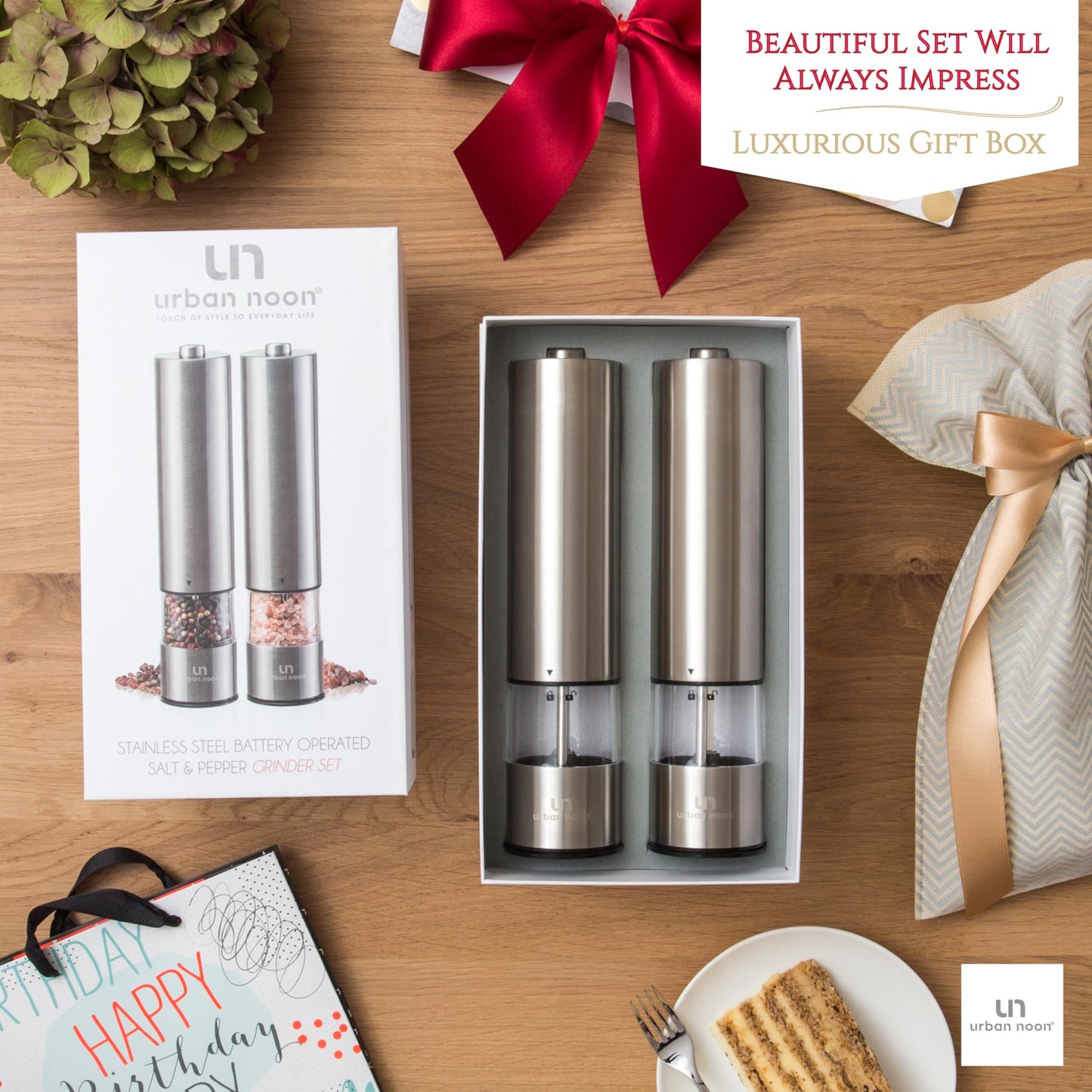Urban Noon Electric Salt and Pepper Grinder Set (2 Mills, 8.1" Tall) - One-Handed Push-Button Mills with LED Light, Adjustable Ceramic Coarseness, Gift-Ready Box, 1-Year Warranty - Stainless Steel