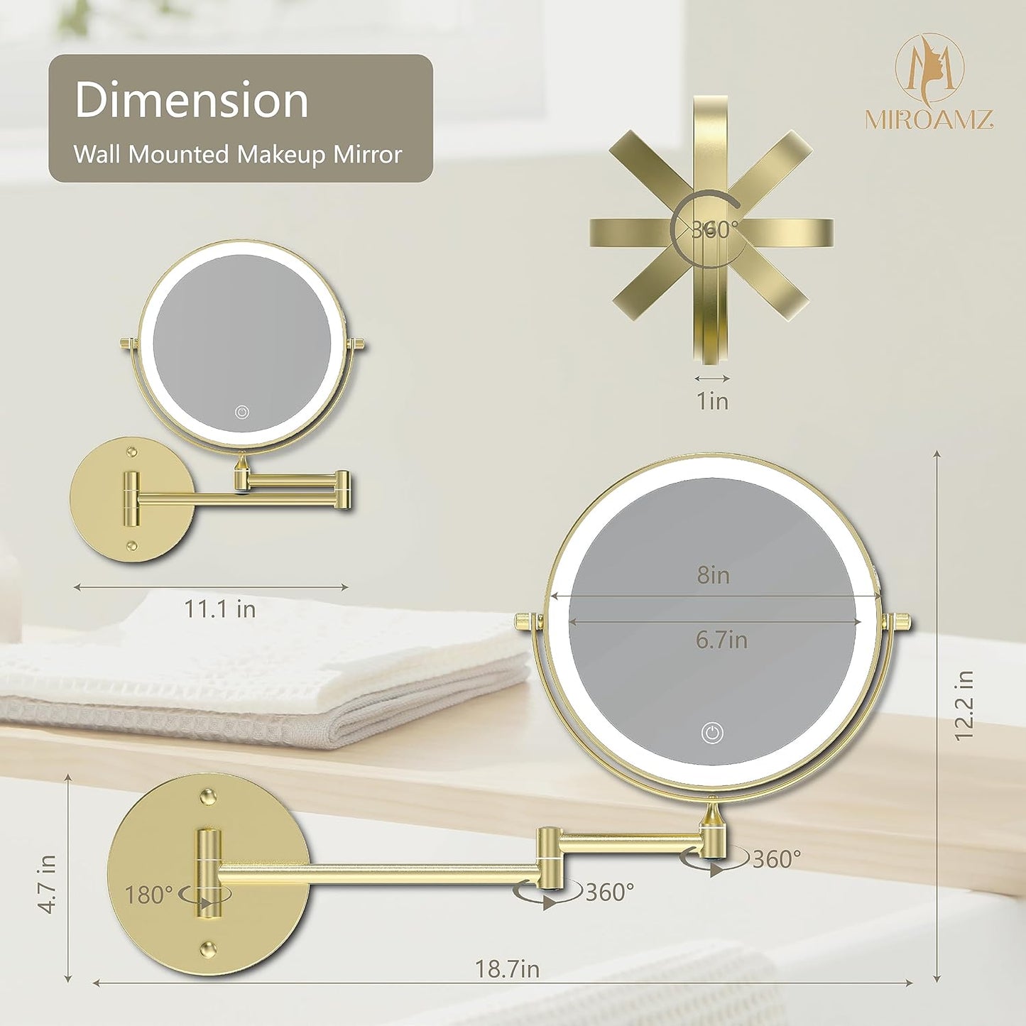Lighted Makeup Vanity Mirror - 8 Inch Double-Sided 1X/10X Magnification | 3 Color Lighting, Touch Screen Dimming, 360° Rotation, Gold