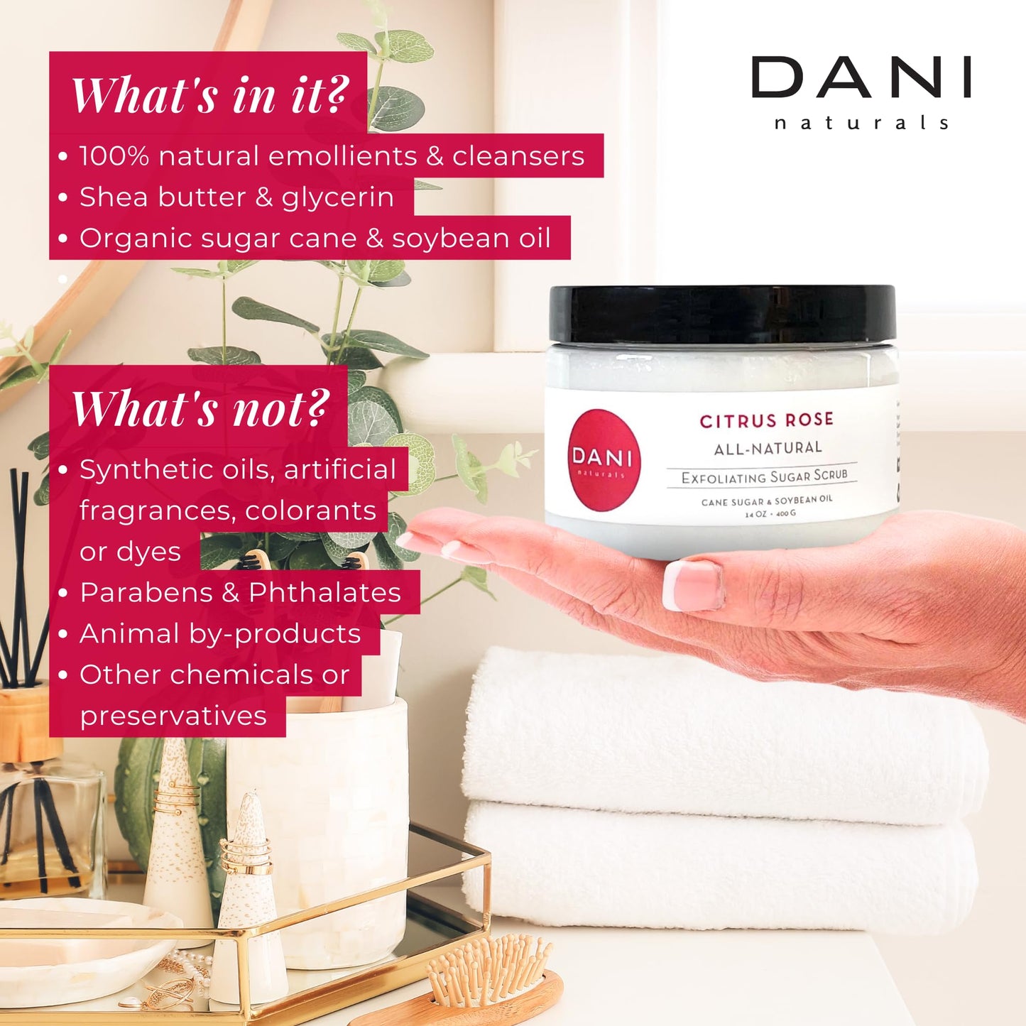 DANI Naturals Citrus Rose Gentle Exfoliating Sugar Scrub, Vegan, 14oz