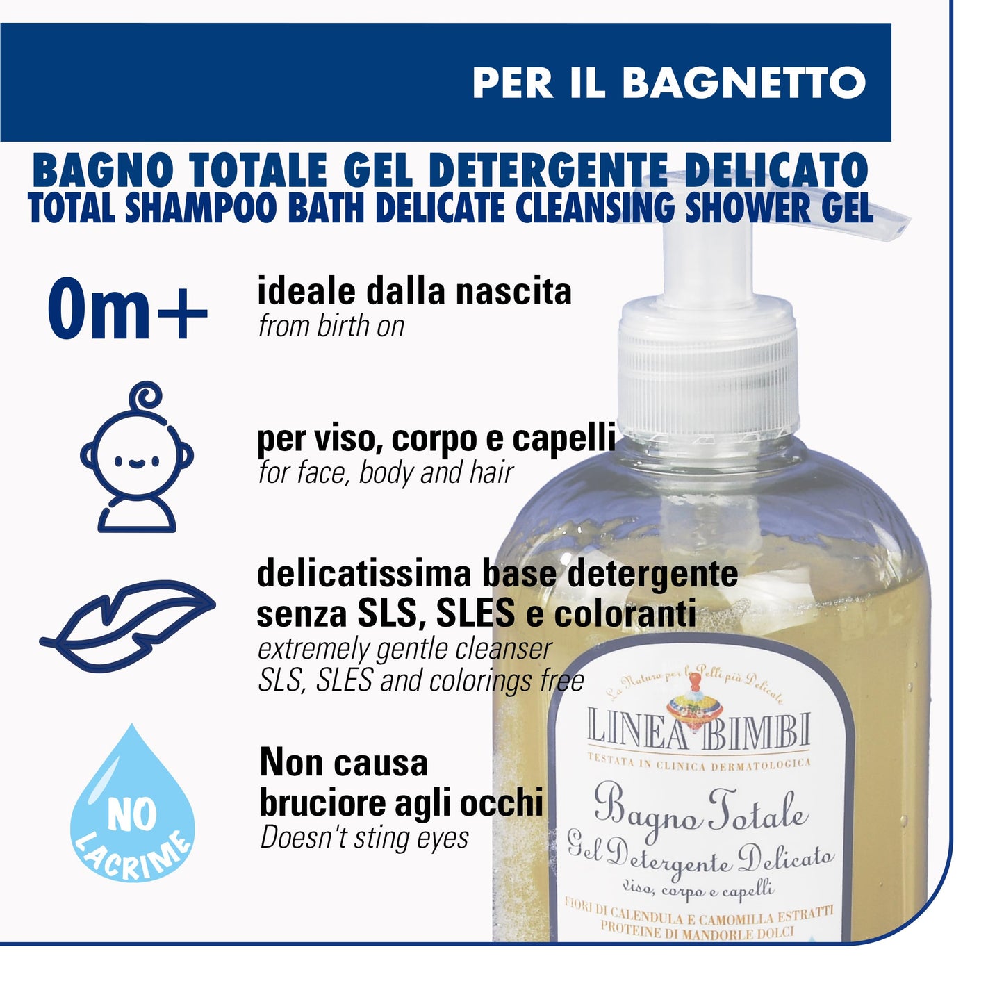 Helan Linea Bimbi Bio - Baby Shampoo & Body Wash, Baby Wash Gel with Marigold & Chamomile Flower Extracts, Kids Shampoo & Gentle Cleanser with Sweet Almond Protein for Baby Bath Made in Italy 500fl oz