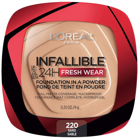 L'Oreal Paris Makeup Infallible Fresh Wear Foundation in a Powder, Up to 24H Wear, Waterproof, Sand, 0.31 oz. (Packaging May Vary)