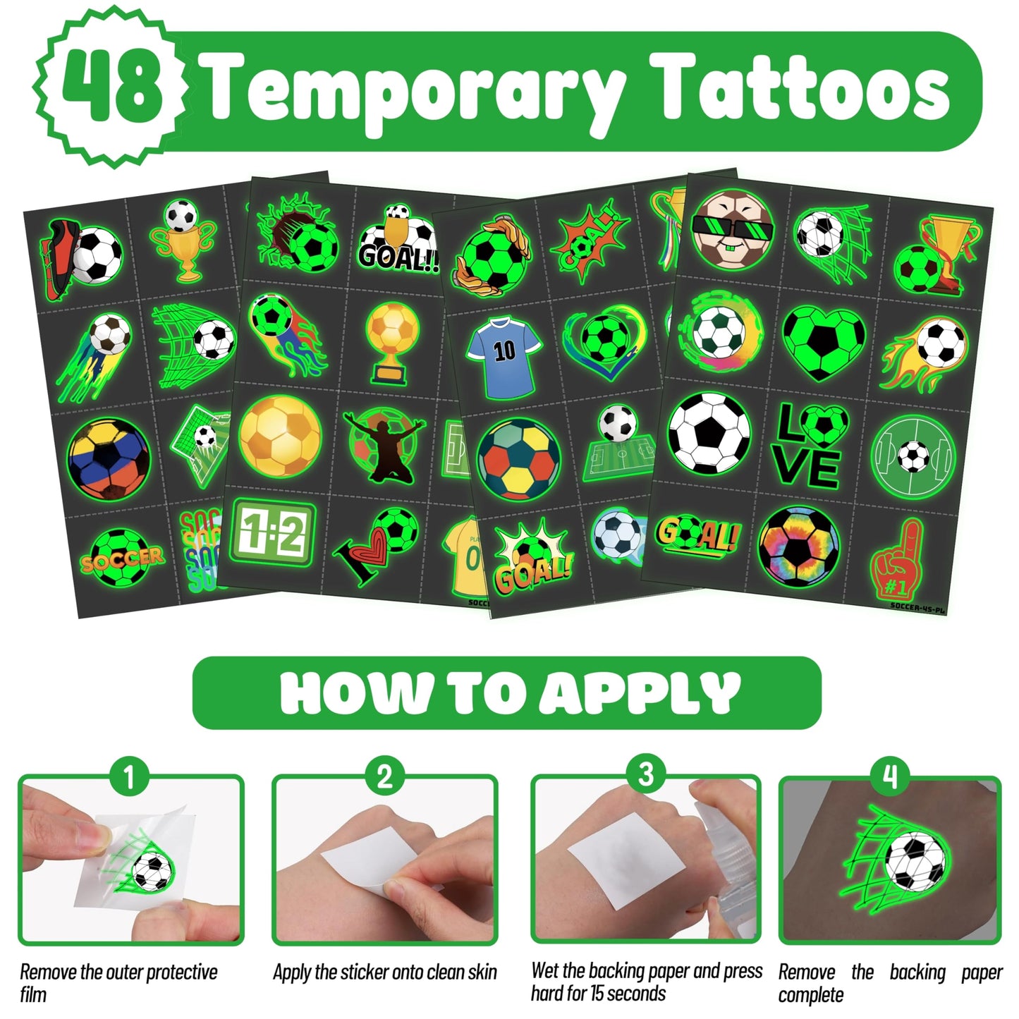 72 PCS Soccer Party Favors – 48 PCS Luminous Tattoos & 24 PCS LED Finger Lights Combo – Birthday Goodie Bag Fillers, Party Supplies, Gifts Light Up Toys Glow In The Dark for Boys and Girls (Soccer 1)