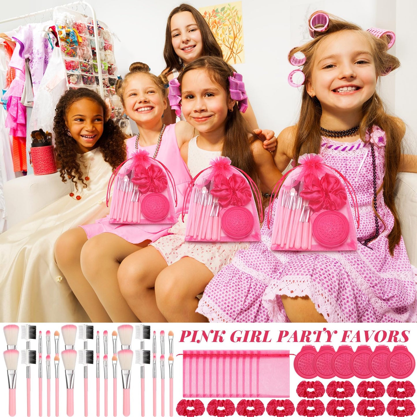 SiliFine Pink Girl Party Favors Girl Makeup Party Favor Party Supplies Set Includes Pink Gauze Bags, Hair Scrunchies, Foldable Mirror Hair Brushes, Makeup Brushes Toys(48 Pcs)
