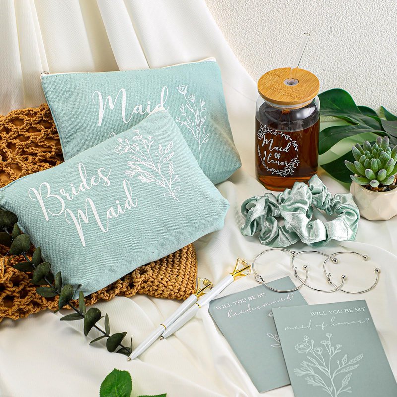 Irenare 36 Pcs Bridesmaid Proposal Gifts Set of 6 Will You Be My Bridesmaid 16 oz Glass Cup Brides Maid Cosmetic Bags Cards Bracelets Bridal Shower Favor Wedding Supplies Bachelorette Party(Green)