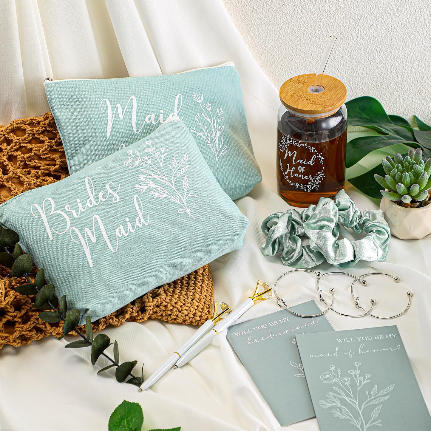 Irenare 36 Pcs Bridesmaid Proposal Gifts Set of 6 Will You Be My Bridesmaid 16 oz Glass Cup Brides Maid Cosmetic Bags Cards Bracelets Bridal Shower Favor Wedding Supplies Bachelorette Party(Green)