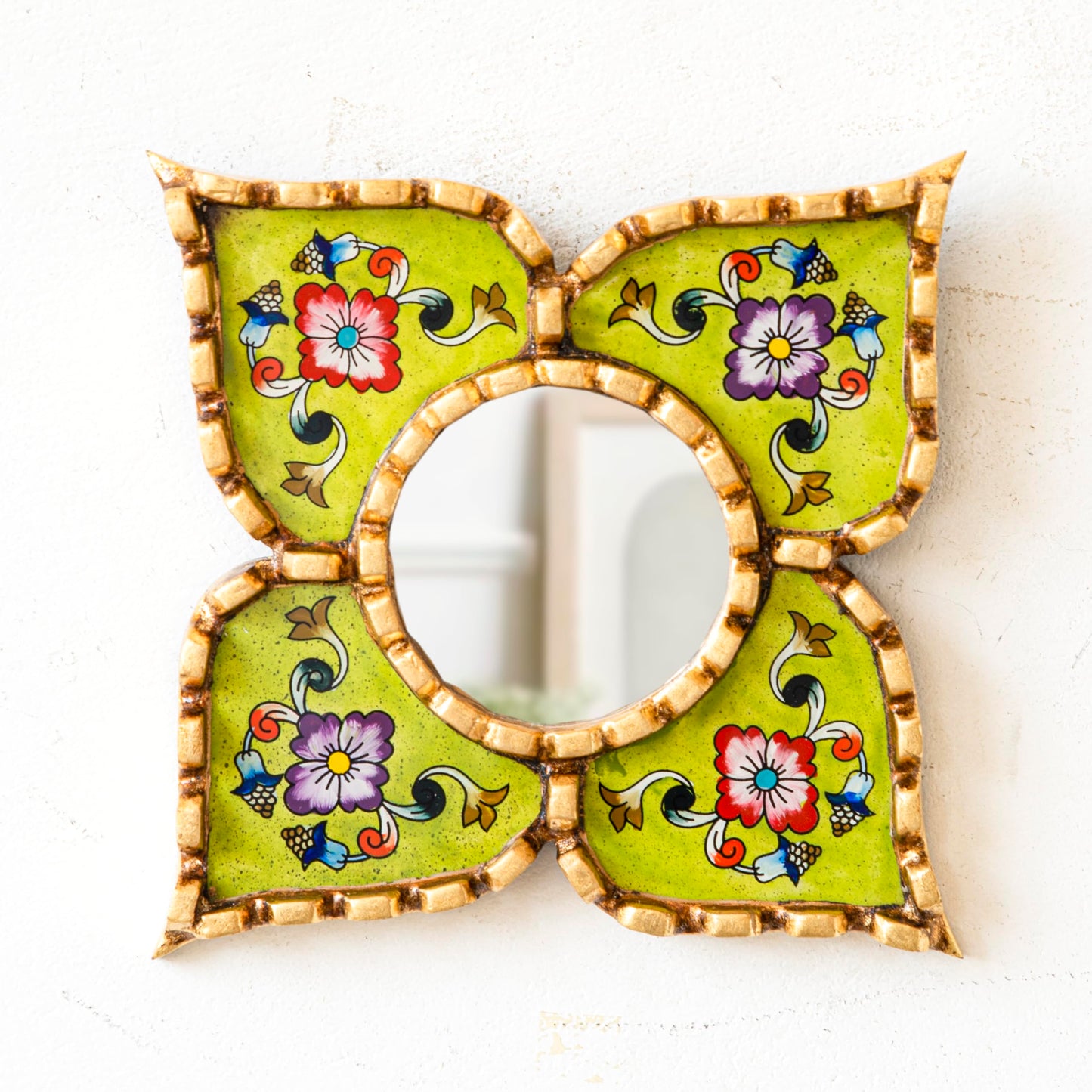 DecorContreras Peruvian Wall Mirror Lime Green Hand Painted Glass Diamond
