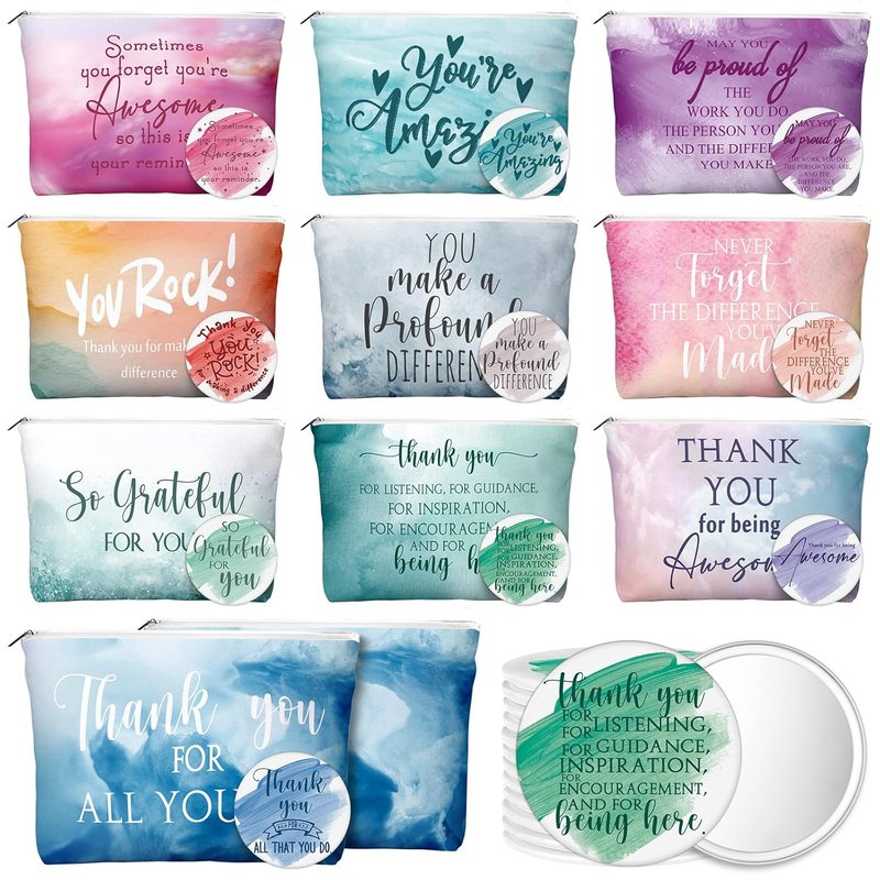 Employee Appreciation Gift for Women - Inspirational Canvas Makeup Bag with Compact Mirror | 60 Pcs, Pastel Color