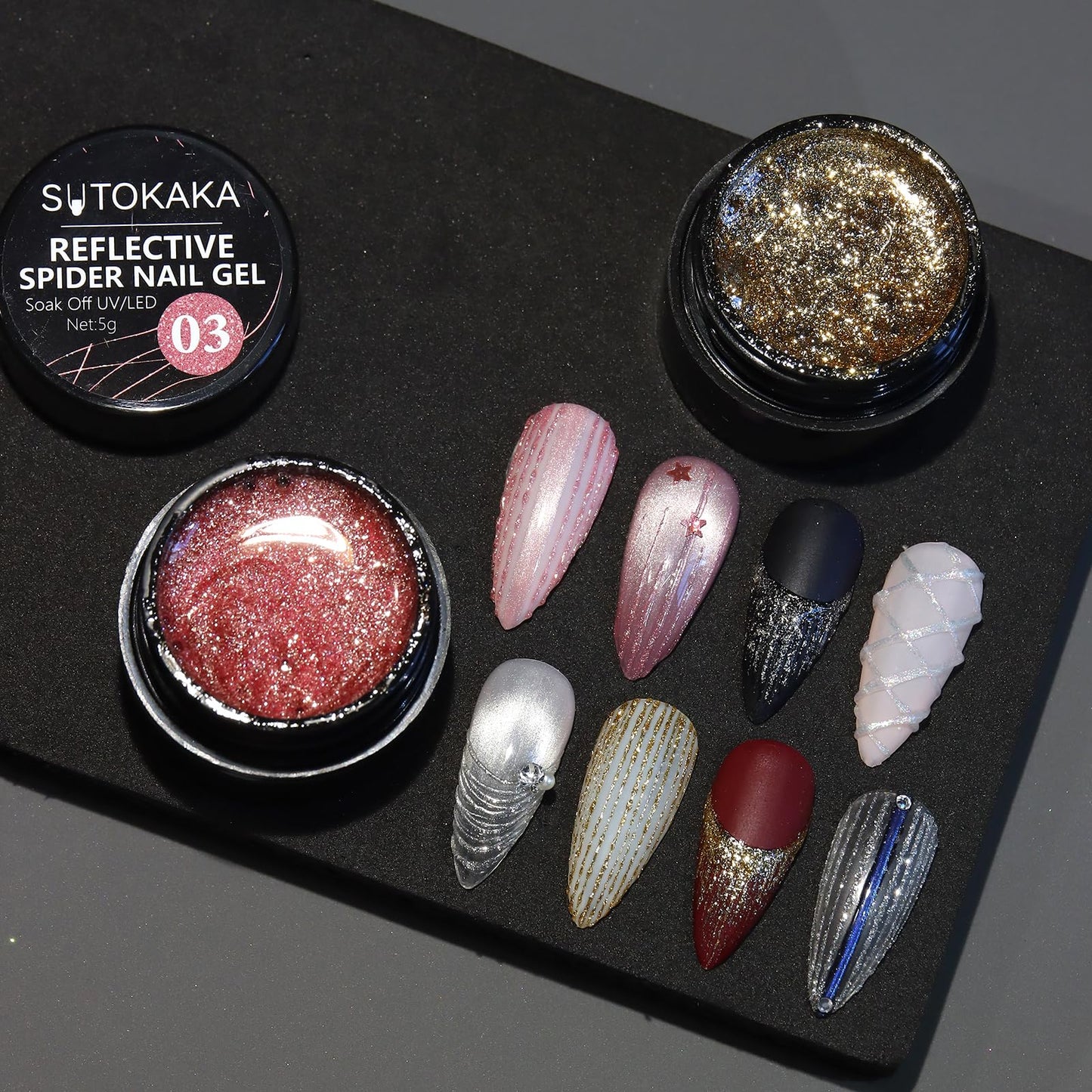 SUTOKAKA Reflective Glitter Spider Gel, 4 Colors Sparkle Diamond Sliver Gold Pink Elastic Spider Gel Polish, Nail Designs Paint Wire Drawing Gels Polish for Line DIY Manicure Home or Salon Use