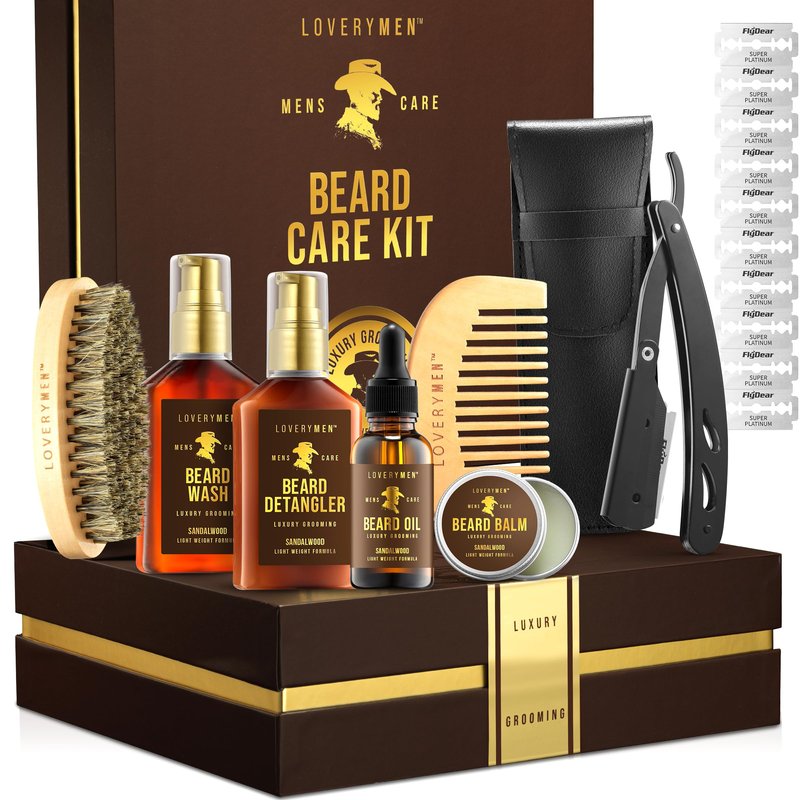 LOVERY Beard Care Kit for Men, Sandalwood Mens Grooming Kit with Straight Edge Razor, Beard Oil, Balm, Wash, Detangler, Brush & More - 11pc Birthday Gift for Him, Dad, Boyfriend, Gifts for Men