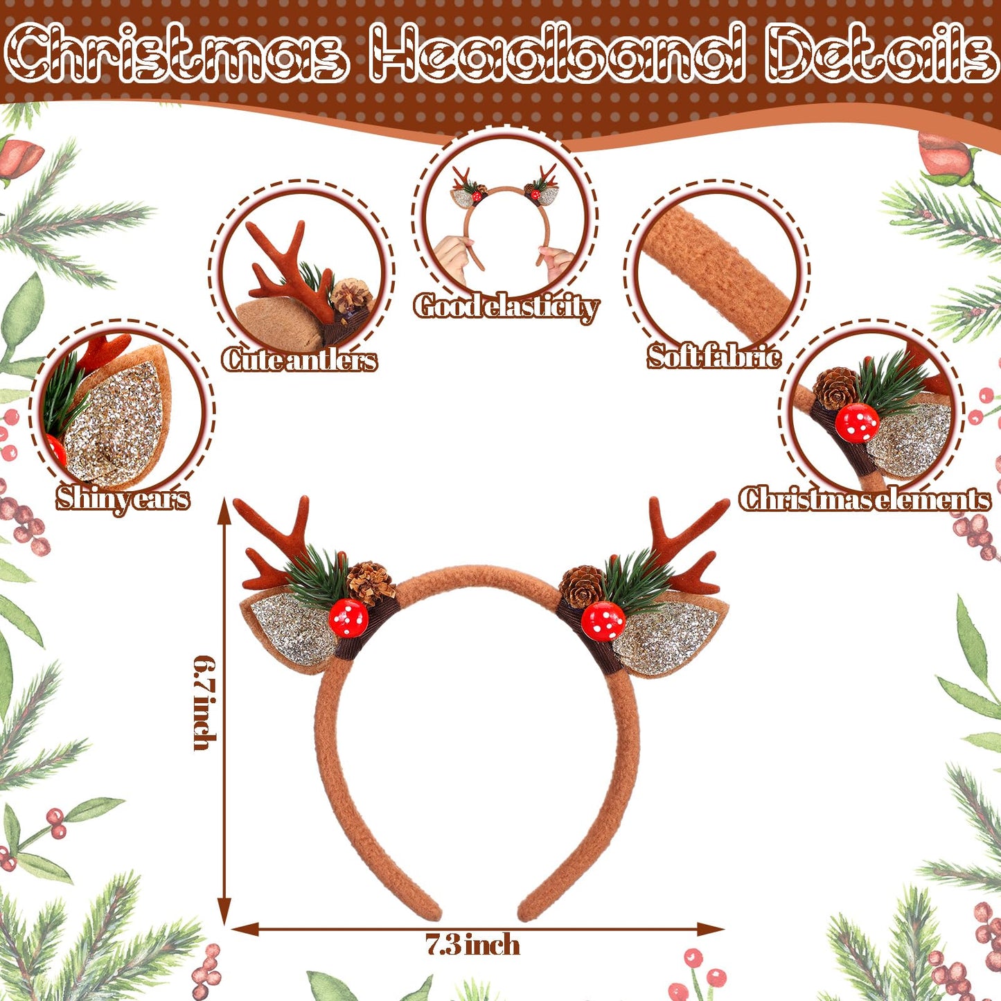 Crowye 6 Pcs Christmas Reindeer Antlers Headband Xmas Glitter Elk Antlers Headband for Hair Accessories(Mushroom Pine Branch)