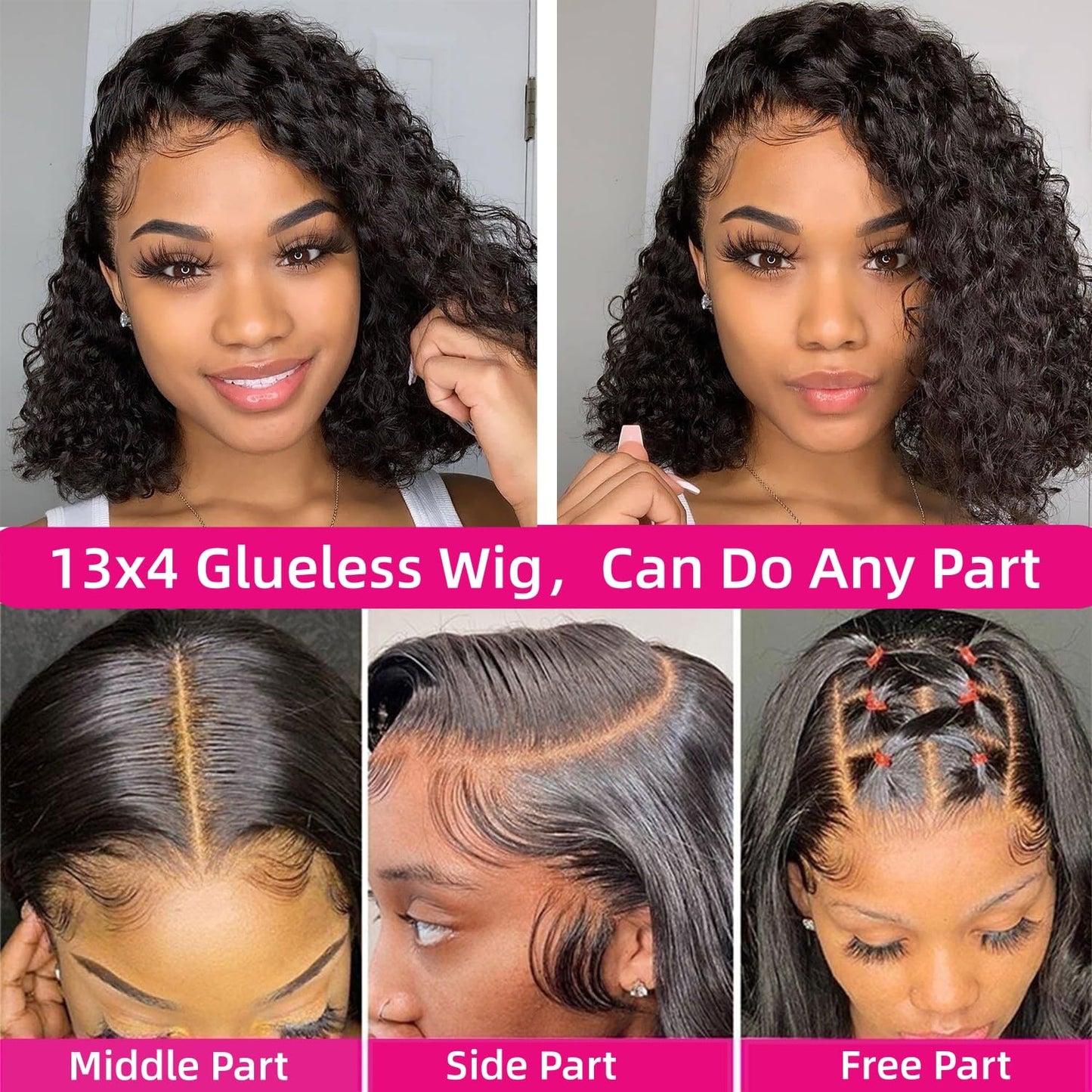 SODLIS Wear and Go Glueless Short Curly Bob Wig Human Hair Pre Cut 13x4 Deep Curly Lace Front Wigs Human Hair Pre Plucked Glueless Bob Wigs For Black Women Natural Hairline 150% Density（8 Inch）