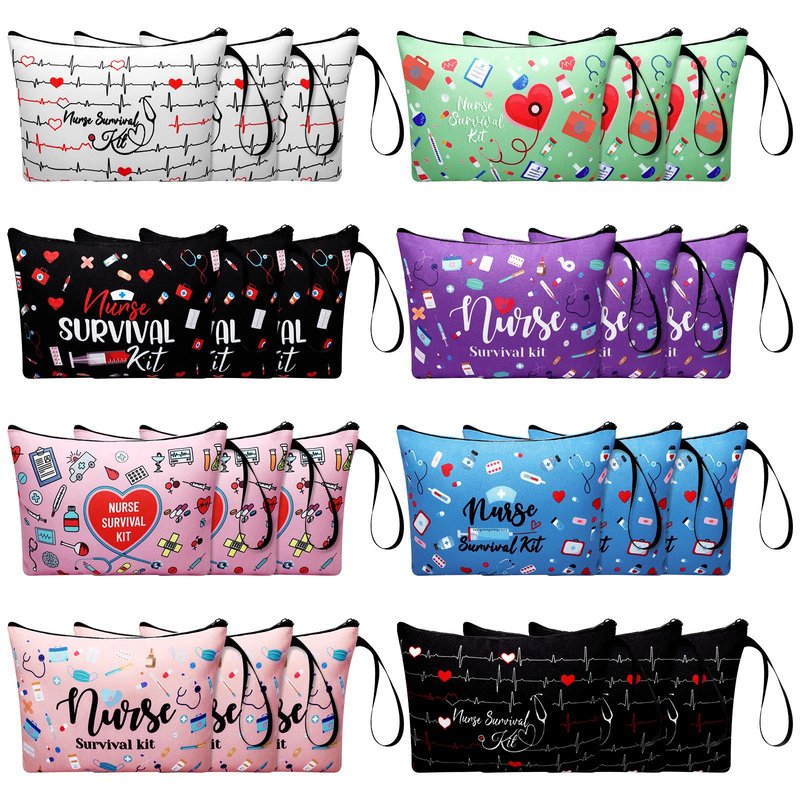 Huhumy 24 Pack Nurse Cosmetic Bags Bulk Novelty 2026 Nurses Week Gift Nursing Survival Kit Canvas Zipper Pouch Bags Thank You Gift for Nursing Week Medical Assistant Healthcare Graduation(Classic)