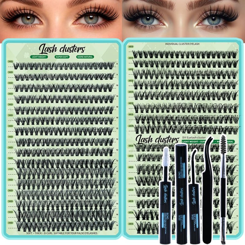 Lash Clusters Kit - 640pcs Wispy 30D/40D D Curl Individual Lash Extensions | Natural 9-16mm with Bond & Seal, Brush, Tweezers