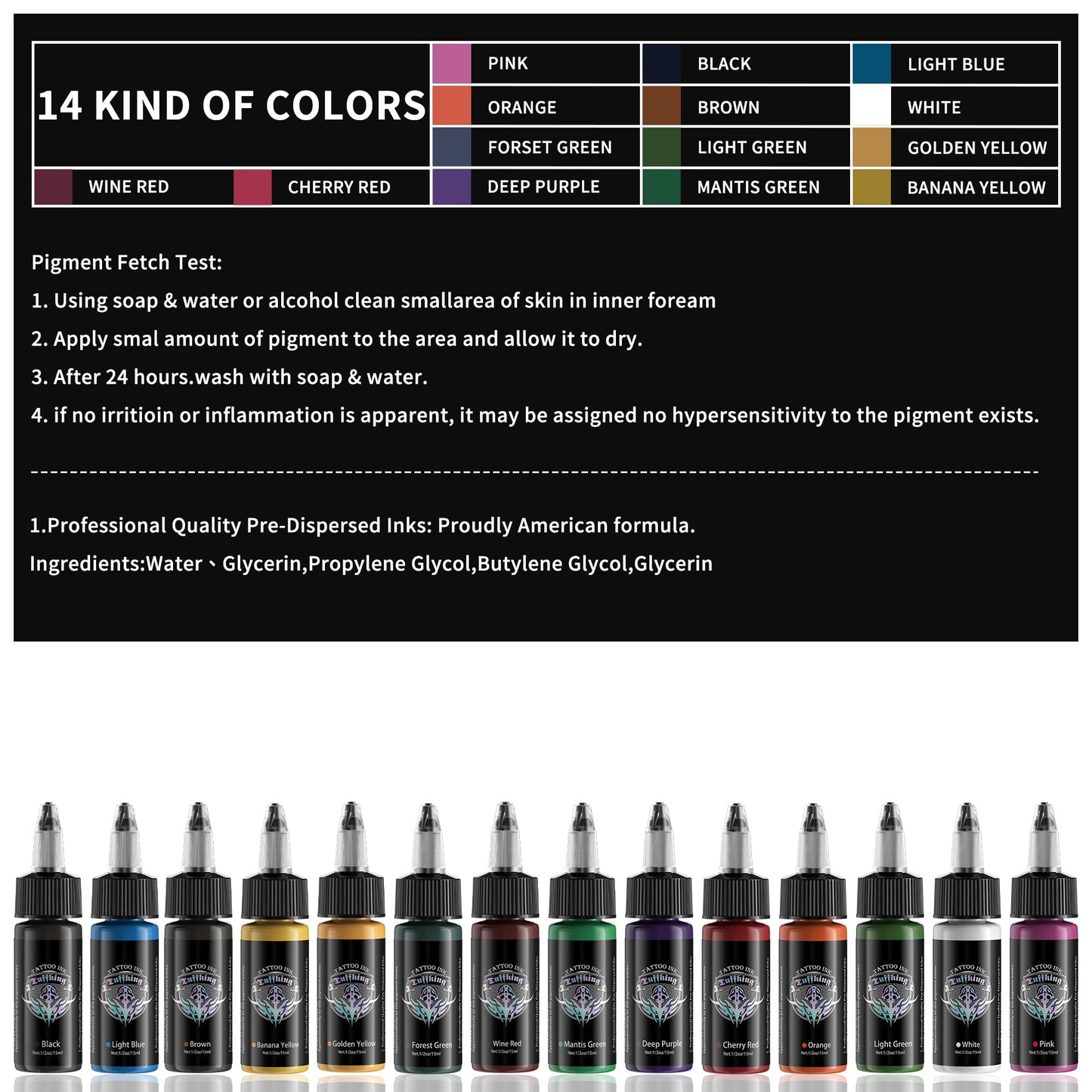 Tuffking Tattoo Ink Set 1/2 oz Pigment Tatoo Ink Professional Tattoo Ink Color Set 14 Colors(14 Colors 15ml)