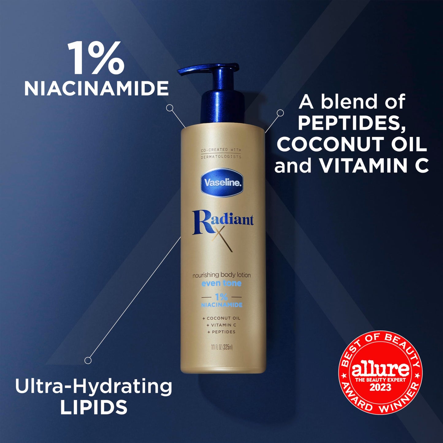 Vaseline Radiant X Even Tone Nourishing Body Lotion With 1% Niacinamide, Coconut Oil, Vitamin C, & Peptides 11 oz & Illuminate Me Shimmering Body Oil Created for Melanin Rich Skin