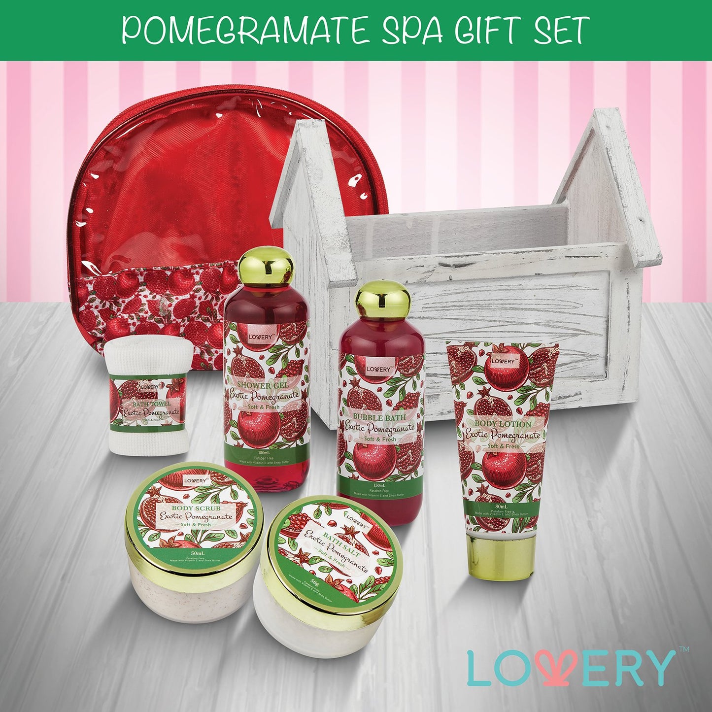 Birthday Gifts from Son, Home Spa Gift Basket, 8pc Bath & Body Set for Women & Men, Exotic Pomegranate Scent, Shower Gel, Bubble Bath, Lotion, Bath Salt, Body Scrub, Towel, Cosmetic Bag & Wood Case