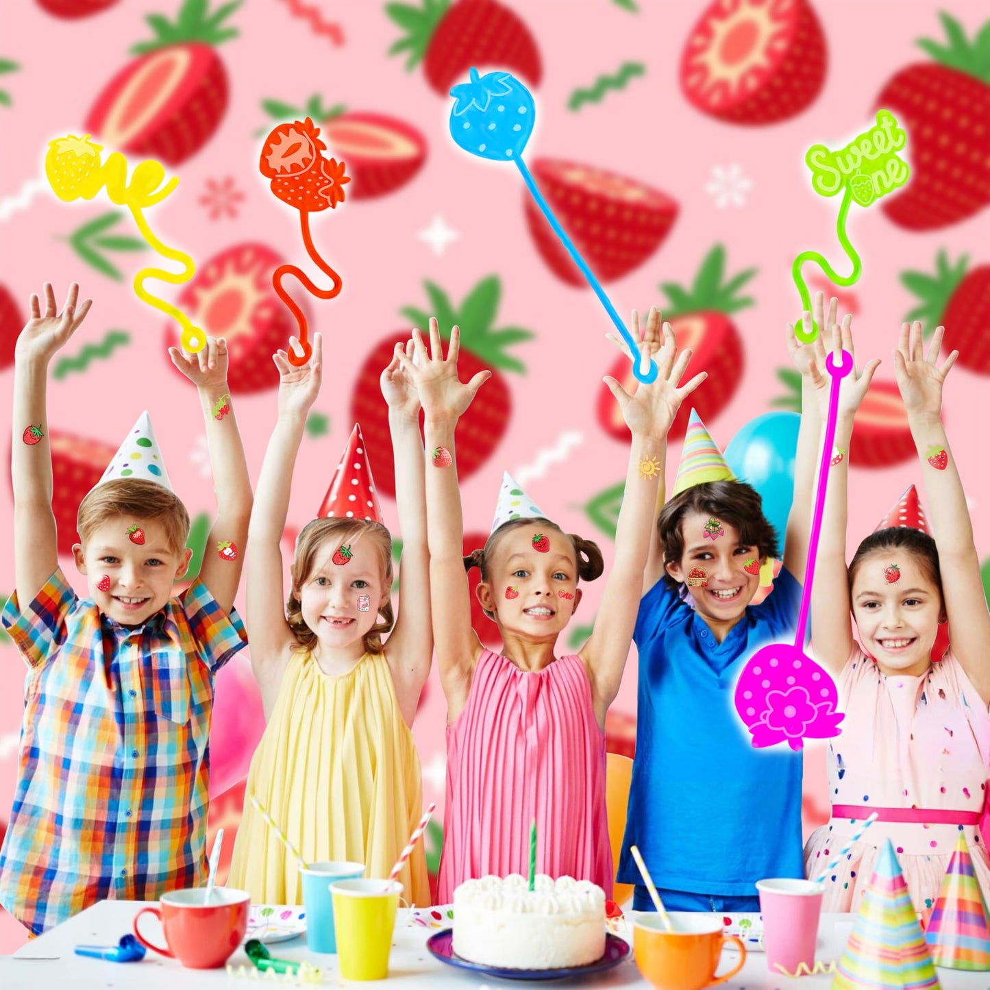48PCS Strawberry Party Favors - 24PCS Berry First Temporary Tattoos & 24PCS Stick Hands - Perfect Birthday Supplies, Goodie Bag Stuffers, Treasure Box Toys, Classroom Prizes, and Student Gifts