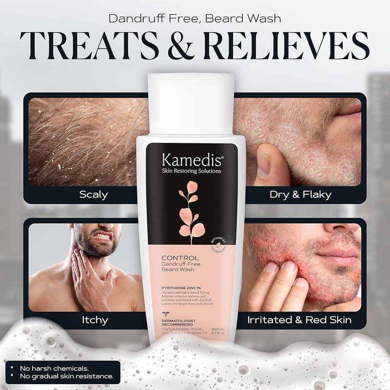 KAMEDIS Beard Wash - Dandruff & Flake Free Men's Shampoo with Pyrithione Zinc | 6.7 Oz