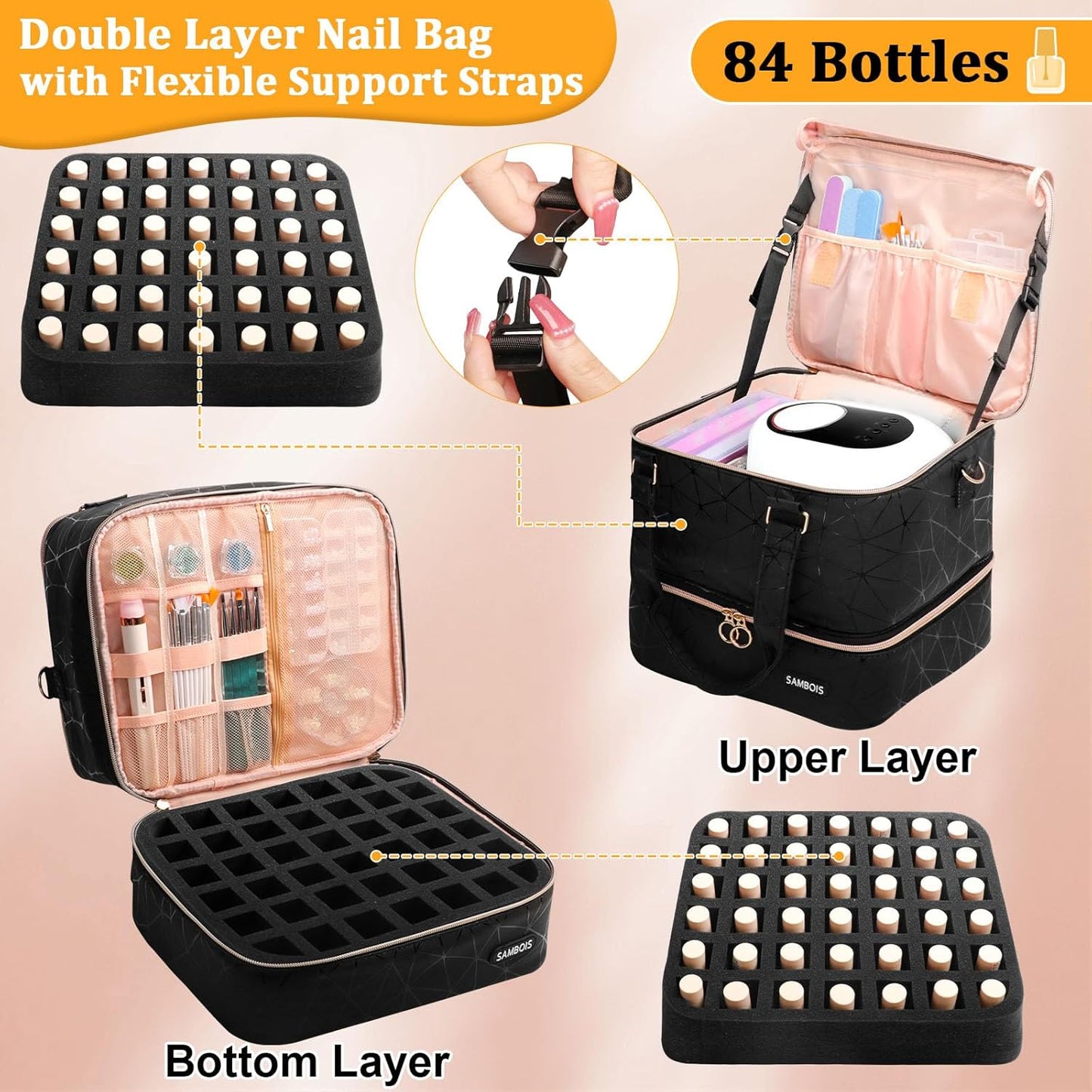 Nail Polish Organizer Bag - Holds 84 Bottles & Nail Lamp | PU Leather Travel Case (Black)