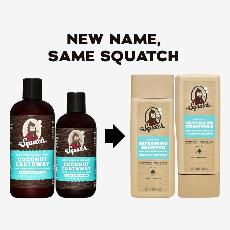 Dr. Squatch Men's Natural Shampoo & Conditioner Set - Sulfate & Paraben Free | Scalp Nourishing Coconut Castaway (11 fl oz, 2-Pack)