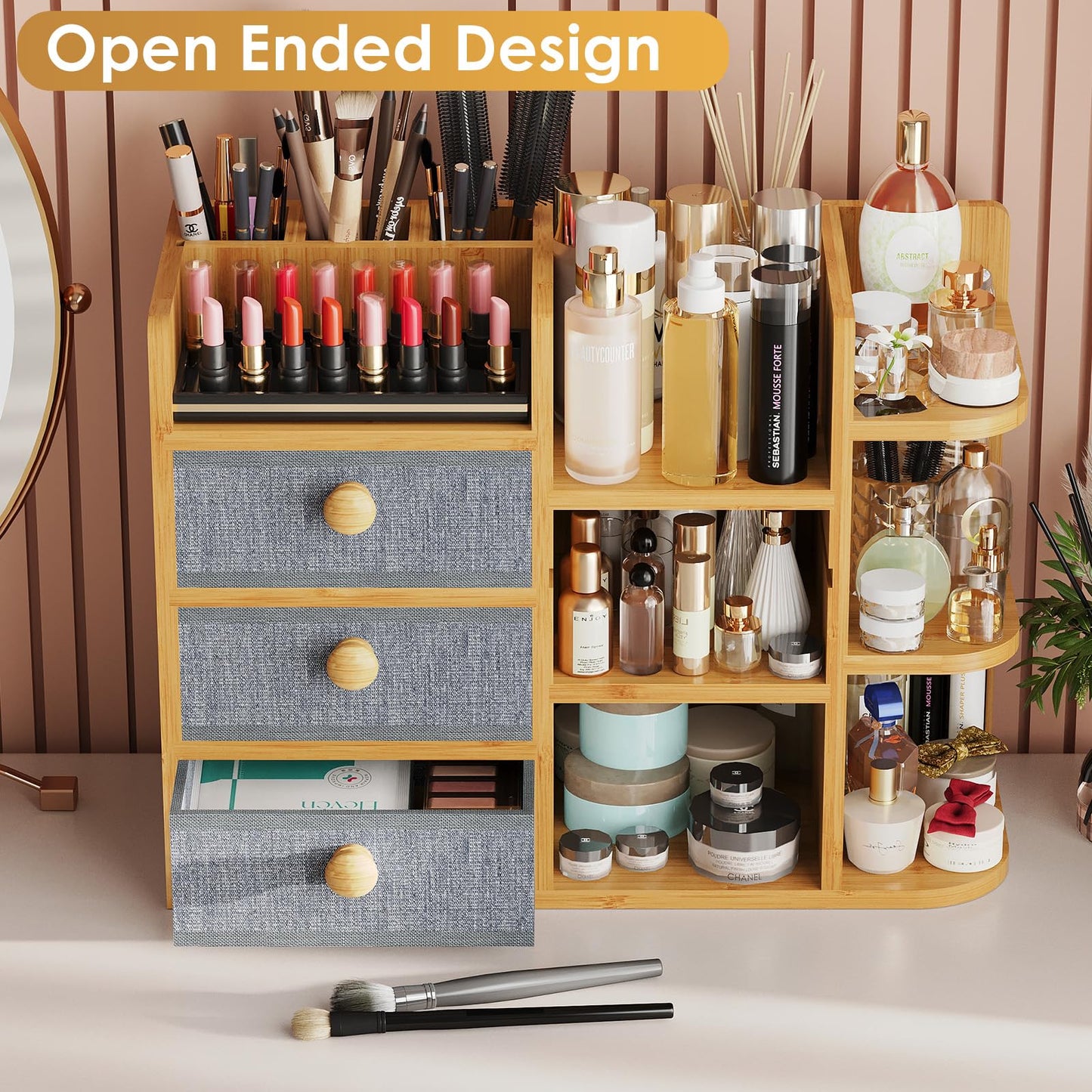 Large Makeup Organizer Countertop For Vanity Dresser, Bamboo Bathroom Counter Organizers And Storage,Cosmetic Skincare Perfume Organizer With 3 Makeup Brush Holder/2 Drawers/5 Shelves /8 Compartments