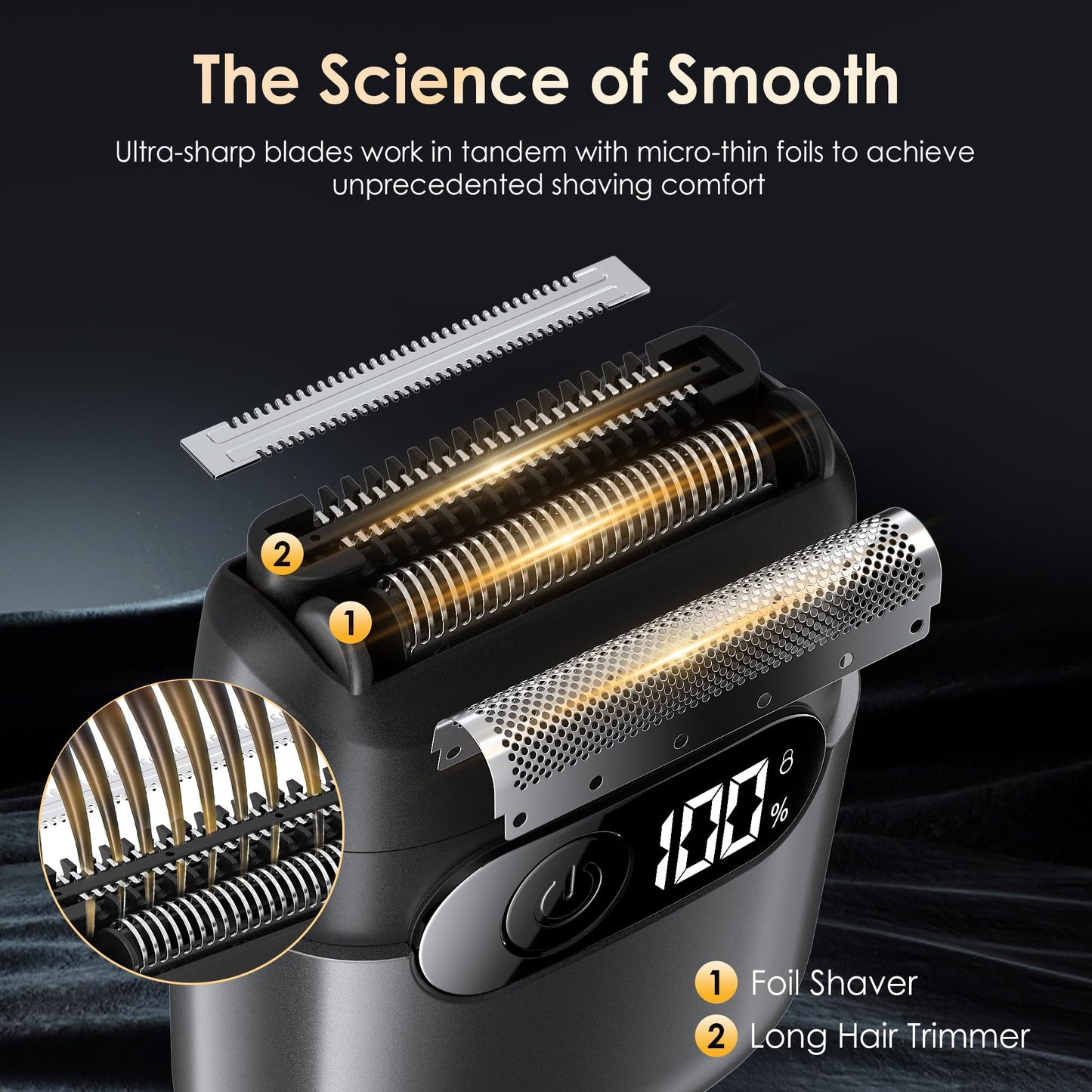 Electric Razor for Men, Foil Shaver and Beard Trimmer for Dry and Wet,Battery LED Display USB-C Fast Charge, IPX7 Waterproof Portable Travel Shaver (Charcoal Black)