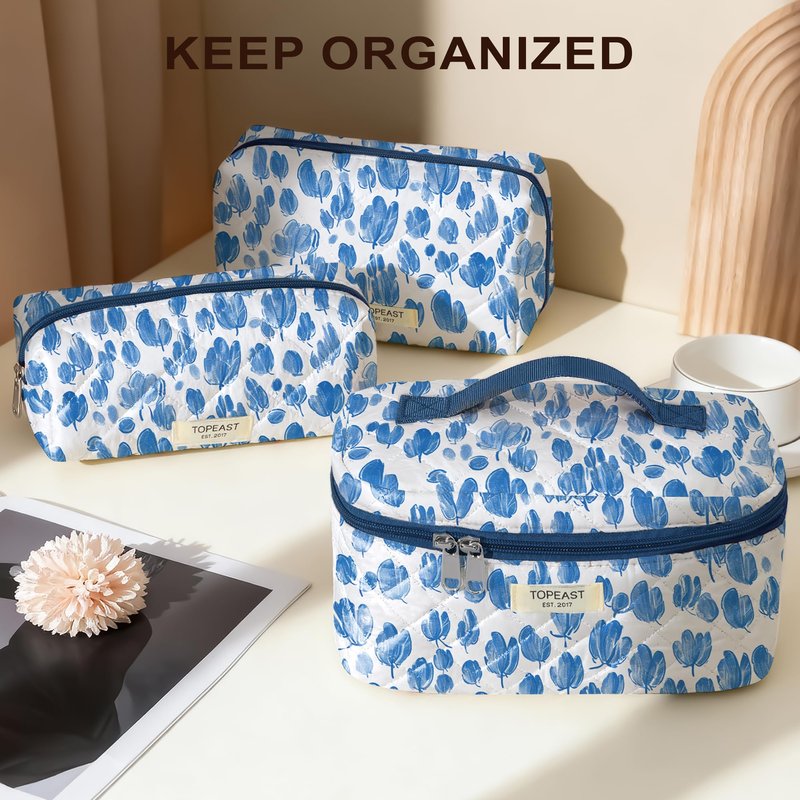 TOPEAST Travel Makeup for Women Girl, 3Pcs Large Cute Quilted Make up Bag Organizer for Purse, Portable Big Cosmetic Brush Pouch with Zipper Compartment, Blue Bow