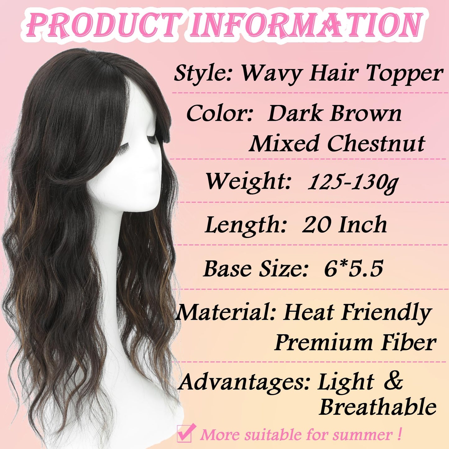 Hair Toppers for Women, 20 Inch Hand Tied Breathable Toppers Hairpieces for Women with Thinning Crown Middle Part Bangs Mix Human Hair Wavy Curly Lightweight Wiglets (Dark Brown Mixed Chestnut)