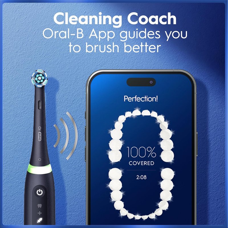 Oral-B Rechargeable Electric Toothbrush - iO5 Deep Clean & Whiten, 5 Modes, Visual Pressure Sensor | Black, Travel Case, 3 Heads