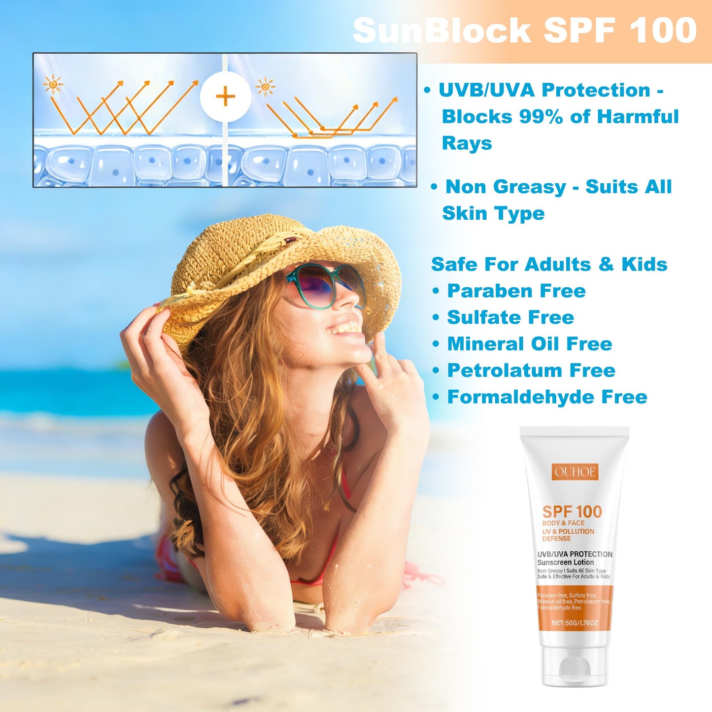 Antioxidant-Infused Sunscreen SPF 100 Broad Spectrum, Face & Body Oil-Free Oxybenzone-Free, Designed for Sun Sensitive Skin