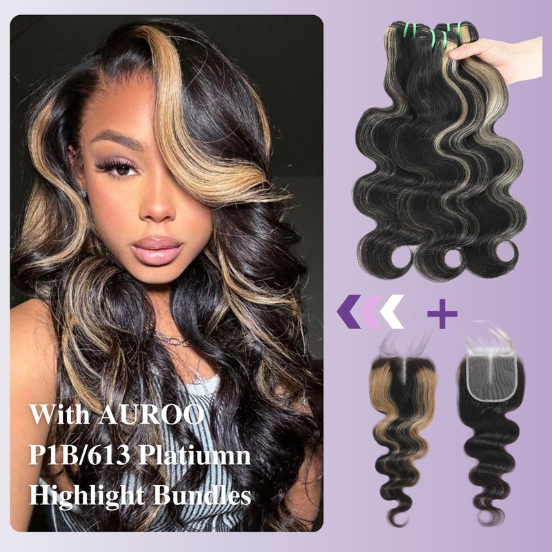 AUROO #27 Skunk Stripe 4x4 Lace Closure Only Human Hair Body Wave, 12A Honey Blonde Highlight HD Transparent Lace Closure Free Part with Baby Hair Ombre Closure 100% Virgin Hair (150% Density 10 Inch)