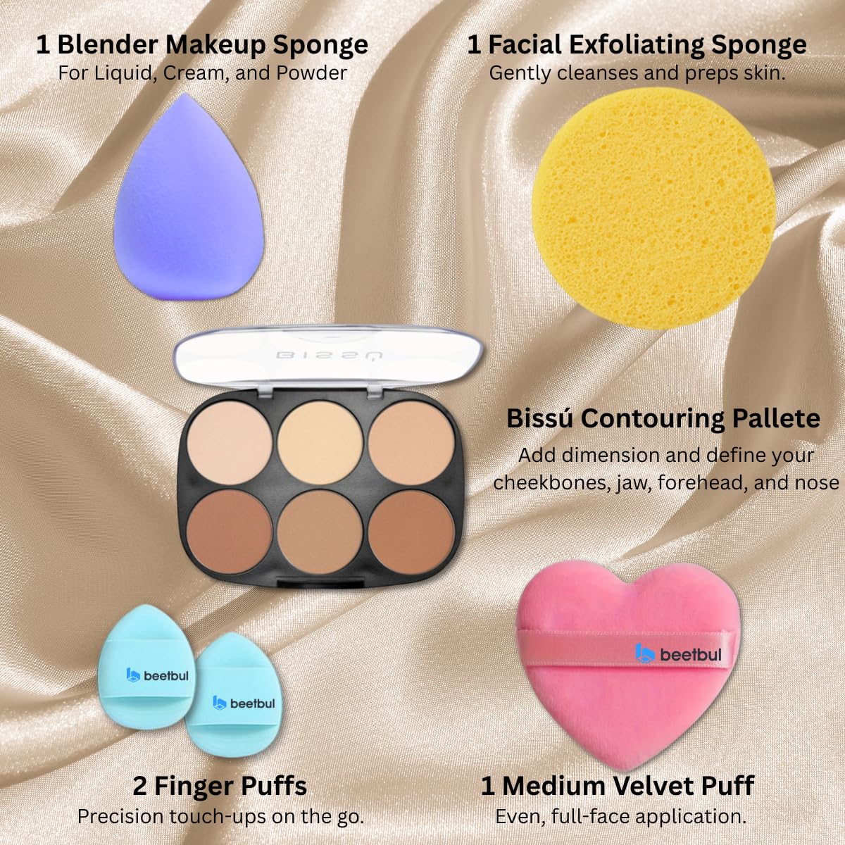 Makeup Kit Bissú Contour Palette + Velvet Puff + 2 Finger Puffs + Makeup Sponge + Exfoliating Sponge (3 Styles) (03 Bronzed to Dark)