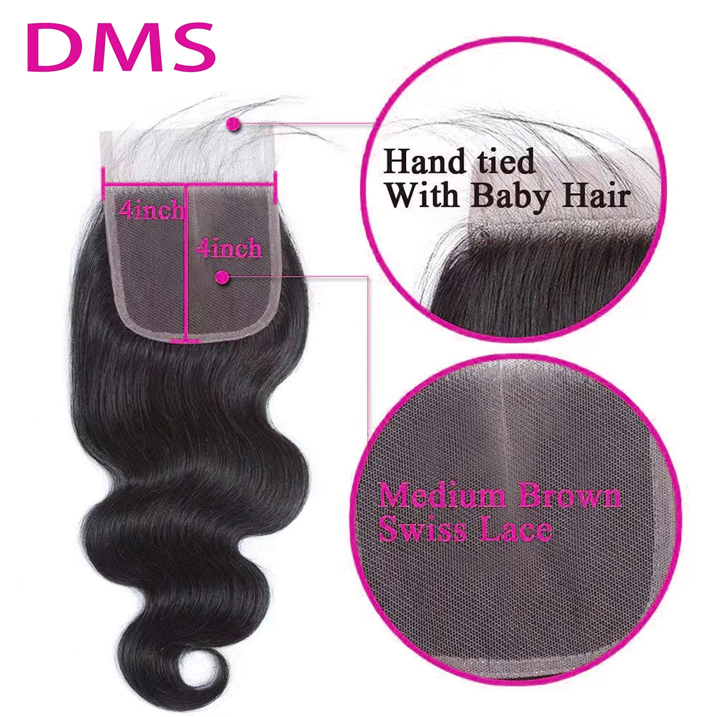 DMS Body Wave Human Hair Lace Closure 4x4 Free Part Swiss Lace Closure 12A Brazilian Virgin Hair Top (14 Inch)