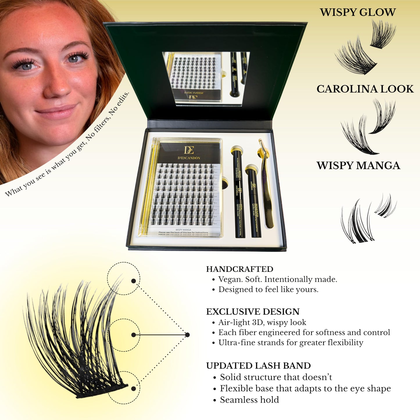 Cluster Lash Kit D’Escandón – Reusable Eyelashes Extension with Magnetic Tray, Applicator, Bond & Seal, Remover and Mirror