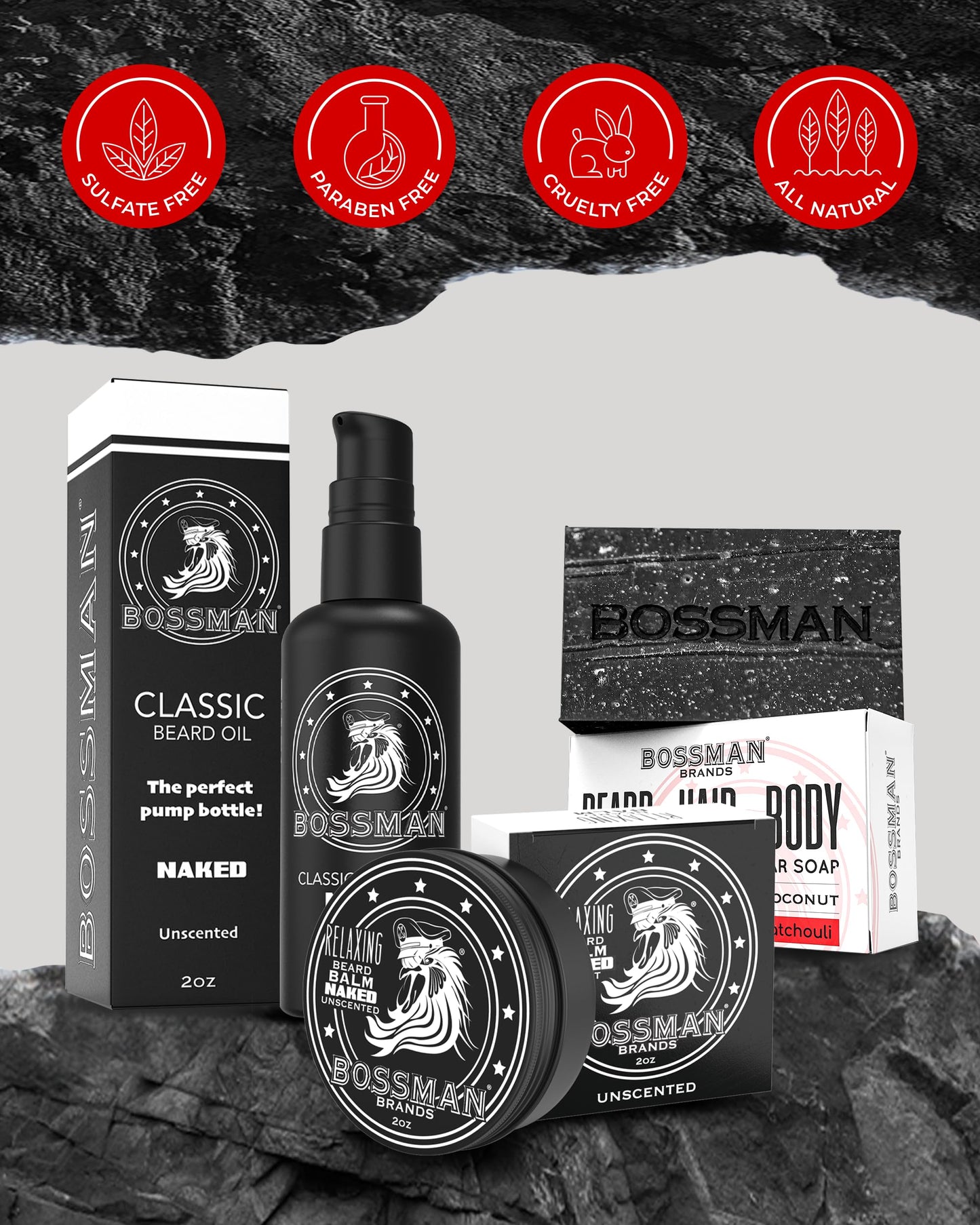 Bossman Starter Beard Kit for Men – Dad Gift for Father's Day, Beard Oil (2 oz), Beard Balm & Bar Soap – Natural & Organic Grooming Kit – Made in the USA Men Gift Set (Naked – Unscented)