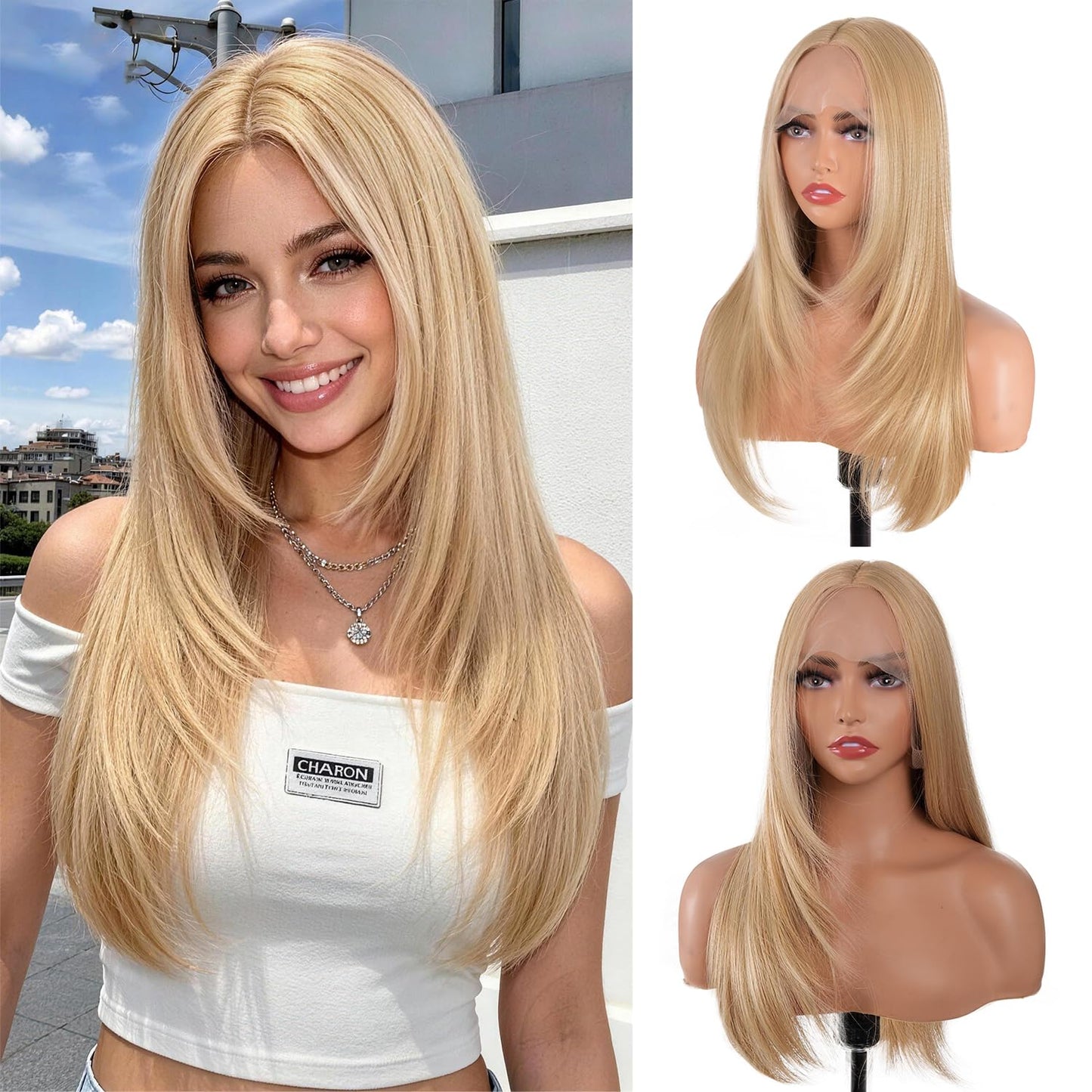 BrittyHair Blonde Wigs for Women 26 Inches Long Straight Layered Wig Middle Part Blonde Layered Wigs Natural Looking Heat Resistant Synthetic Wig for Daily Party Cosplay Use (#Mixed Blonde, 26 Inch)