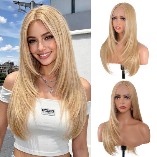 BrittyHair Blonde Wigs for Women 26 Inches Long Straight Layered Wig Middle Part Blonde Layered Wigs Natural Looking Heat Resistant Synthetic Wig for Daily Party Cosplay Use (#Mixed Blonde, 26 Inch)