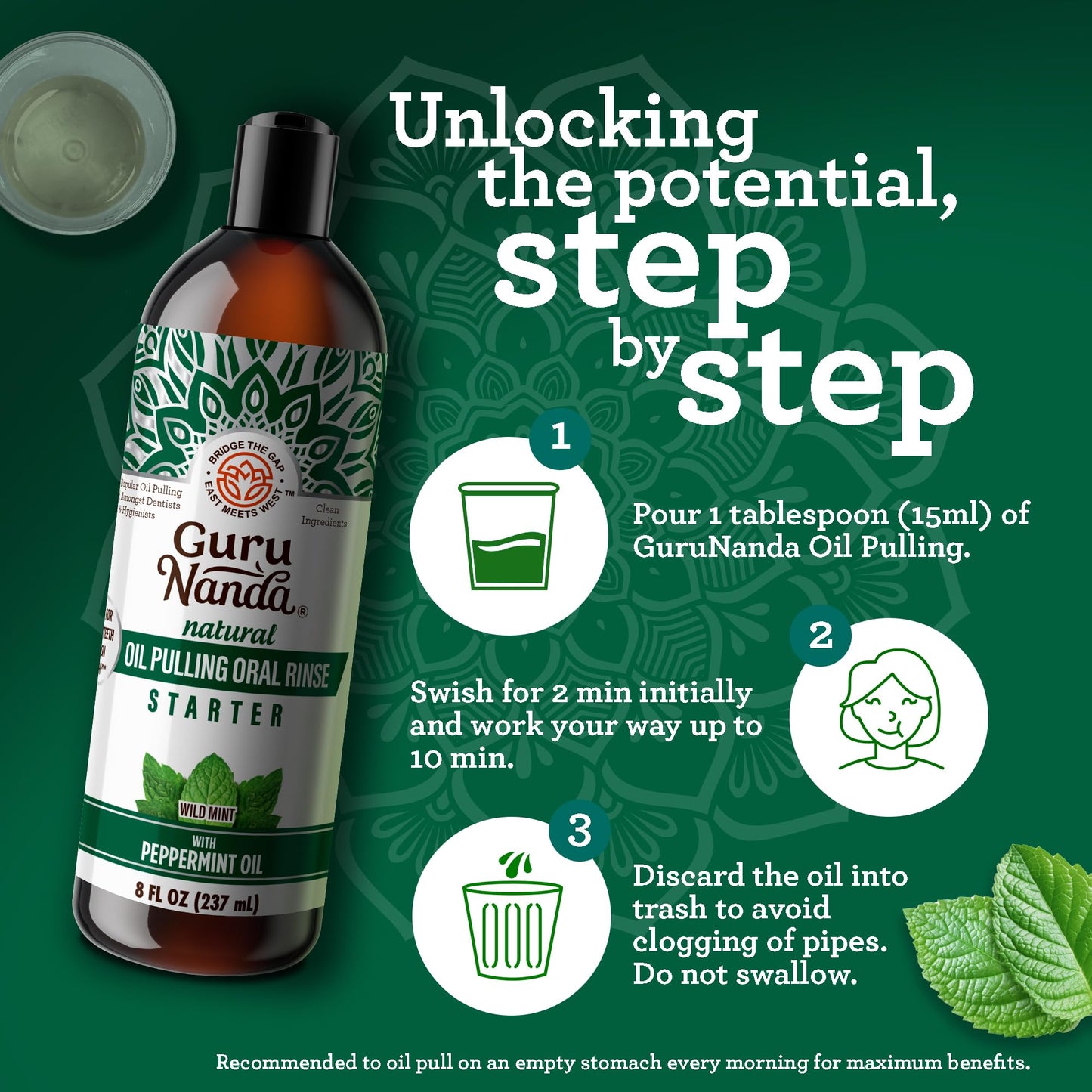 GuruNanda Coconut & Peppermint Oil Pulling (8 Fl.Oz) and Ashwagandha Oil Pulling (8 Fl Oz), Alcohol Free Whitening Mouthwash for Fresh Breath & Whiter Teeth