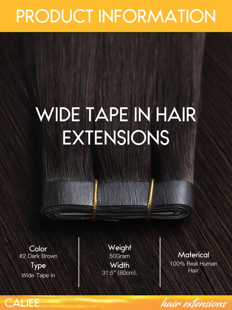 Caliee Wide Tape in Hair Extensions Human Hair Color 2 Darkest Brown Tape in Hair Extensions Real Human Hair 16 Inch 50G Thick Ends Invisible One Piece DIY