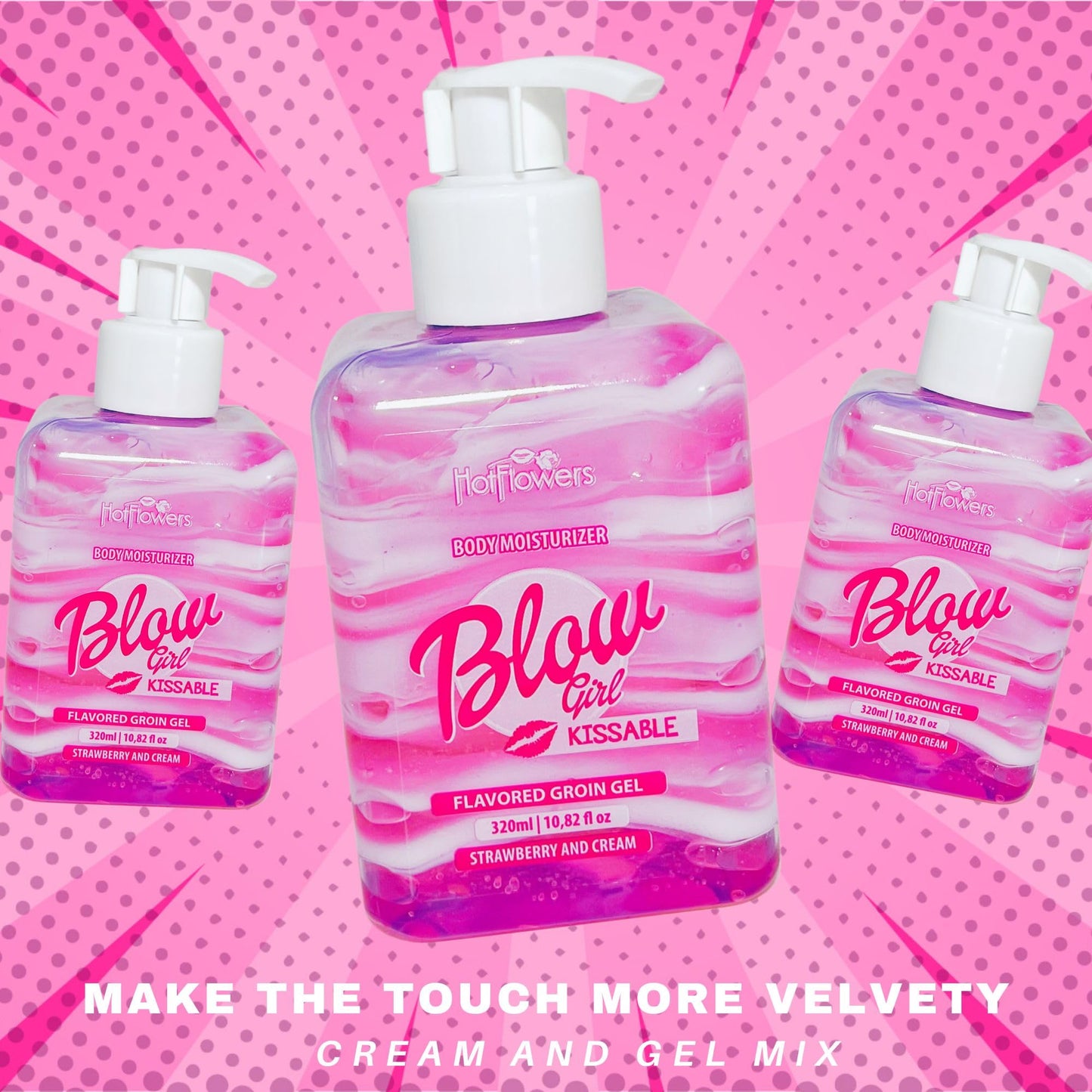 HOT FLOWERS Blow Girl Lickable Moisturizing Lotion, Strawberry & Cream Flavored Body Moisturizer, Sugar-Free & Gluten-Free Gel-Cream for Soft, Smooth Skin, Daily Body Care & Massage, 320ml