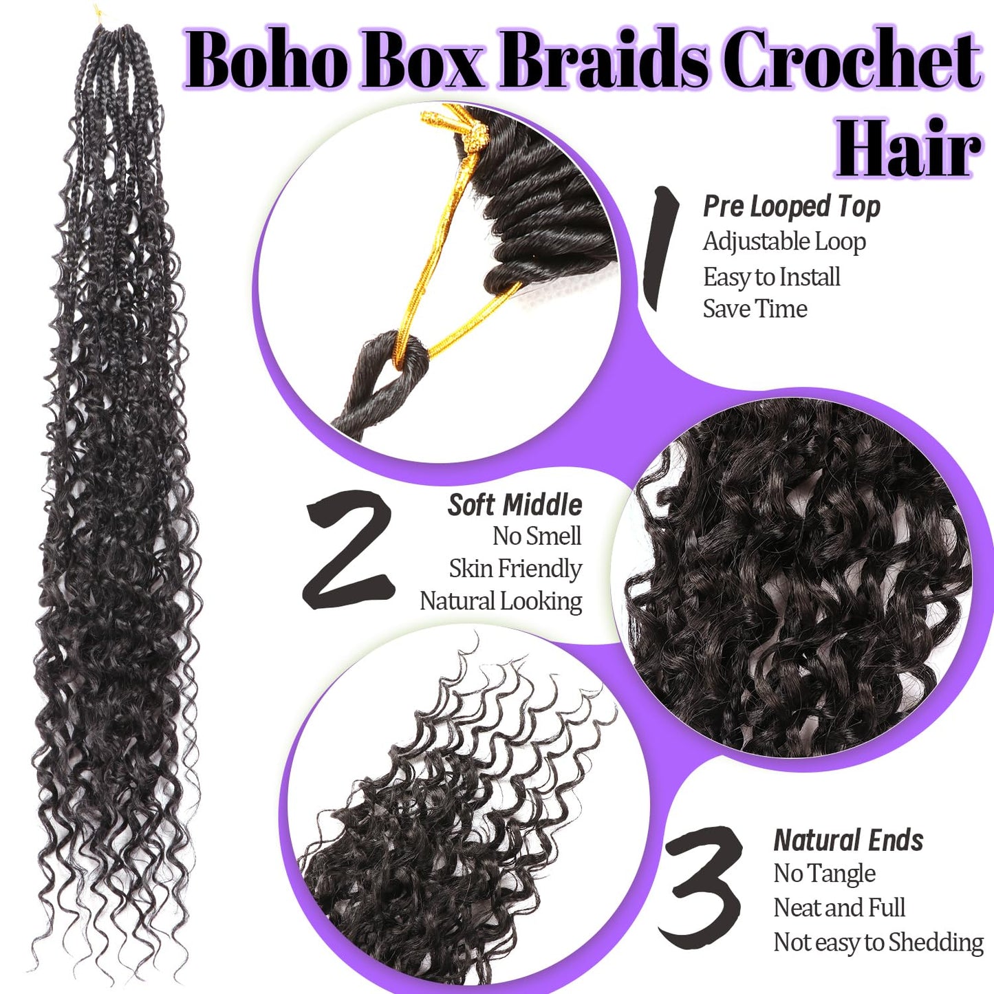 Goddess Box Braids Crochet Hair for Black Women-8 Packs 30 Inch Boho Crochet Braids Pre Looped with Curly Ends (1B Black, 30 inch(four curly hair))