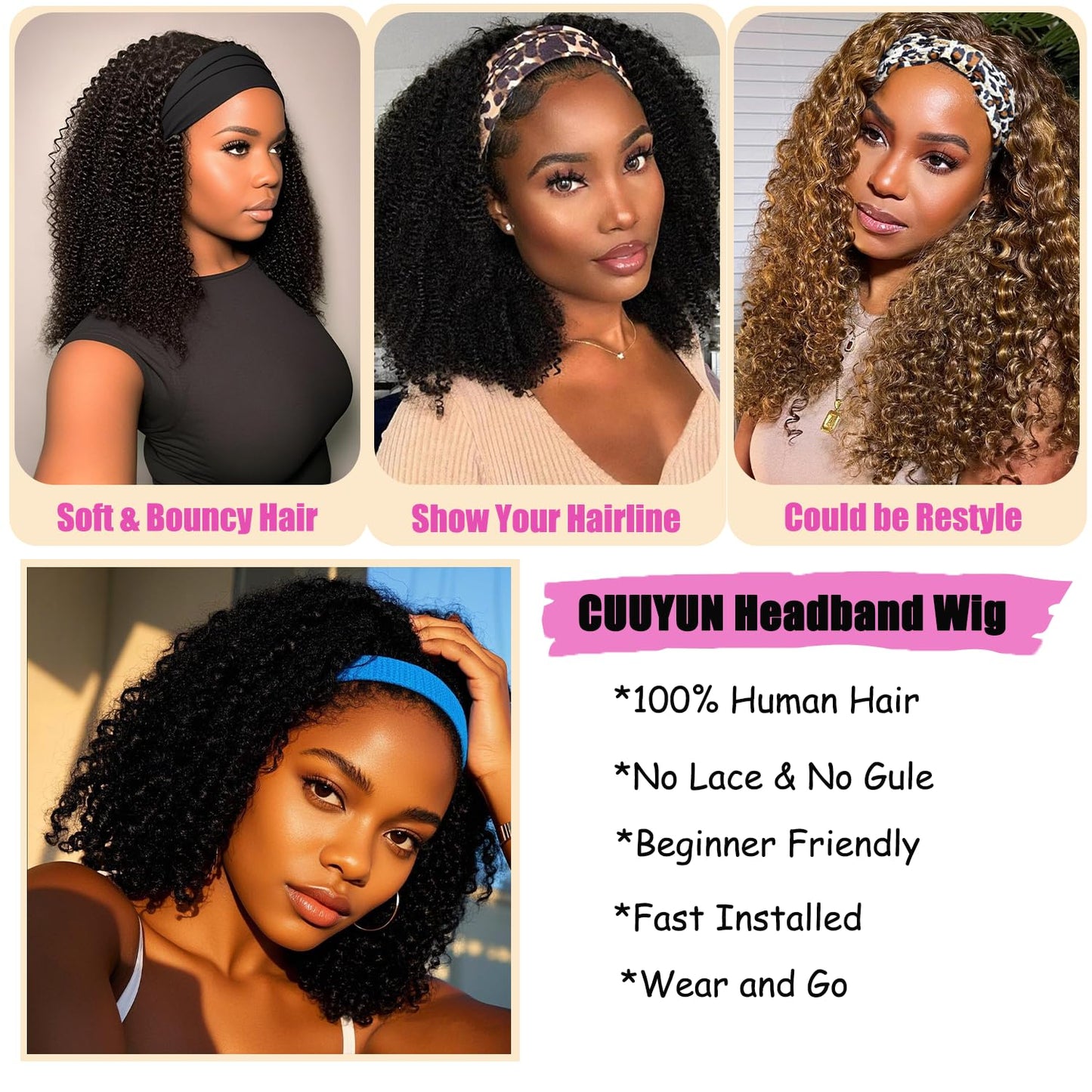 CUUYUN Kinky Curly Headband Wig Human Hair Curly Headband Wigs for Black Women 14 Inch None Lace Front Wigs Machine Made Wigs Glueless Brazilian Curly Human Hair Wig